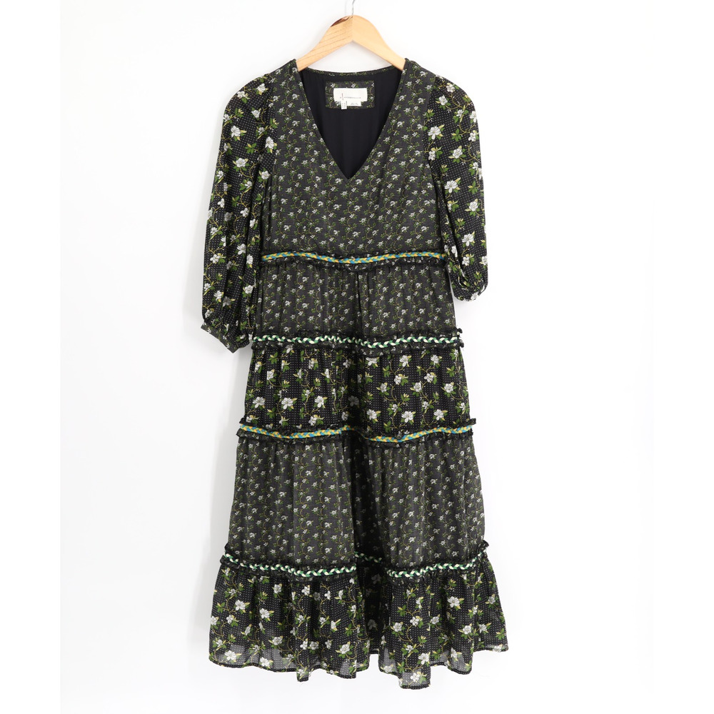 Anthropologie 0 Petite Karoline Boho Tiered Green and Black Floral Midi Dress - Picture 2 of 9
